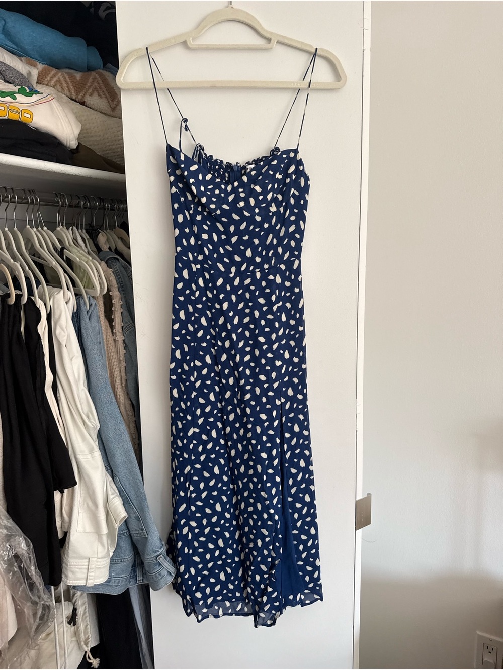 Reformation Navy and White Spotted Maxi Dress